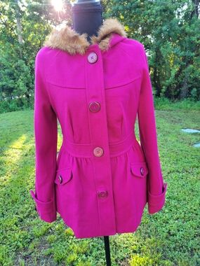 Tulle Vintage Style Pink Button Up Fur Lined Hooded Coat Medium Anthropologie